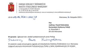 Fragment pisma Zarządu Dzielnicy Śródmieście do policji