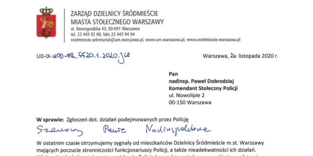 Fragment pisma Zarządu Dzielnicy Śródmieście do policji